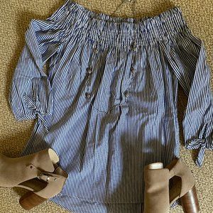 DO+BE Blue and White Striped Off The Shoulder Top